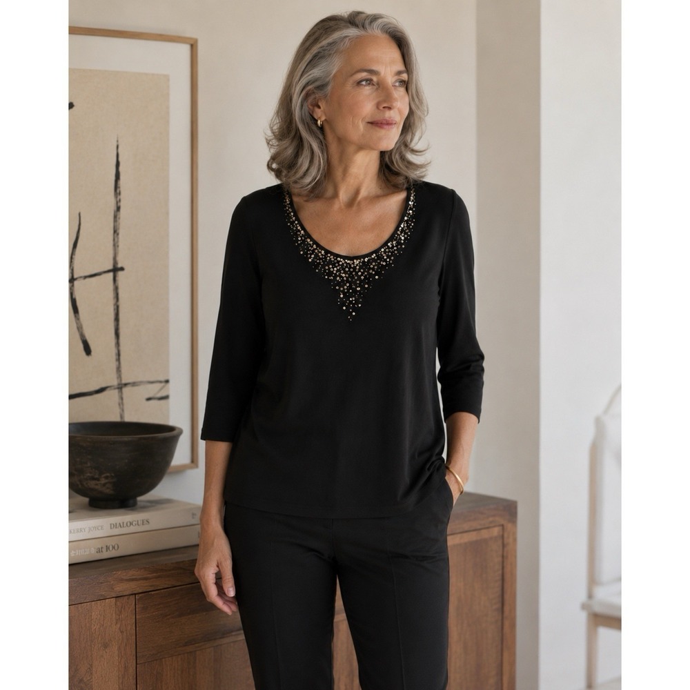 Eileen Fisher Size Large 100% Silk Sequin Scoop Neck Top‎ Black 3/4 Sleeve